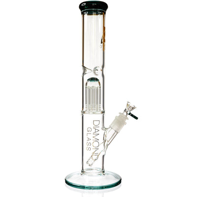 15 inch straight tube water pipe with emerald green 8-arm tree percolator and rim accents.