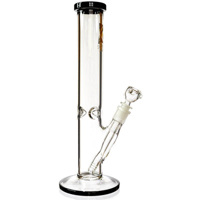 14 inch clear glass straight tube water pipe with black rim accents and a removable diffused downstem