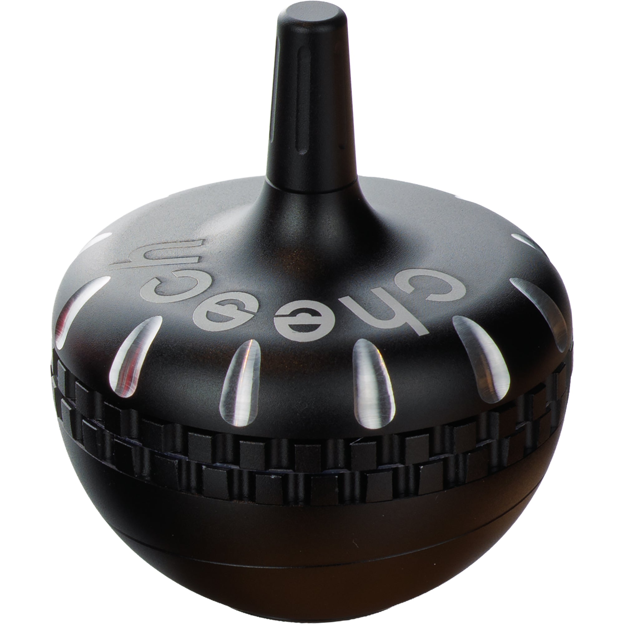 Grinder by Cheech Glass in black, spike top design with CNC-cut teeth marks and logo