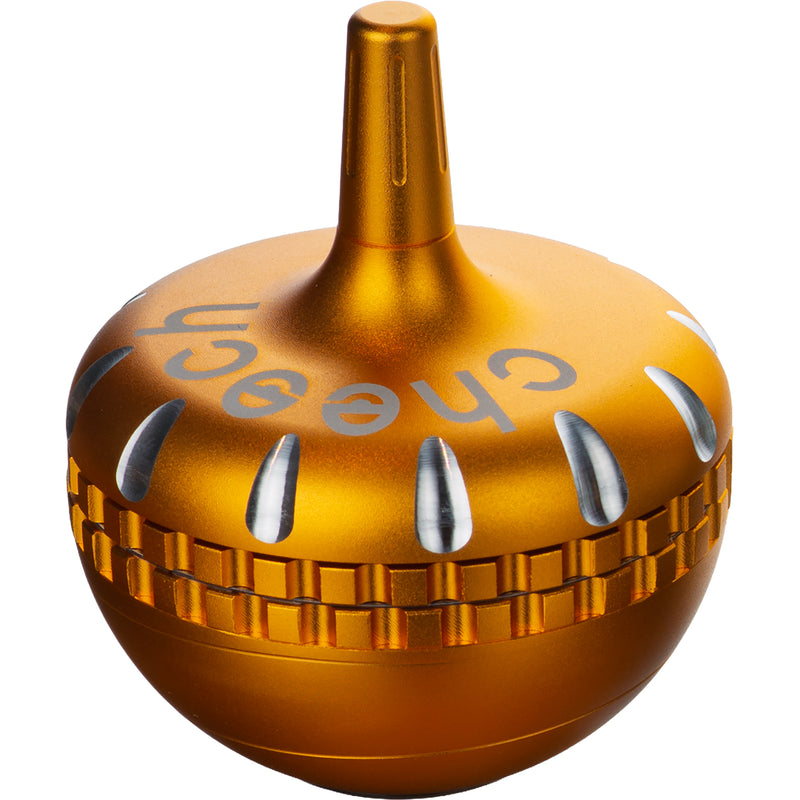 Grinder by Cheech Glass in gold, spike top metal grinder with Cheech logo engraving
