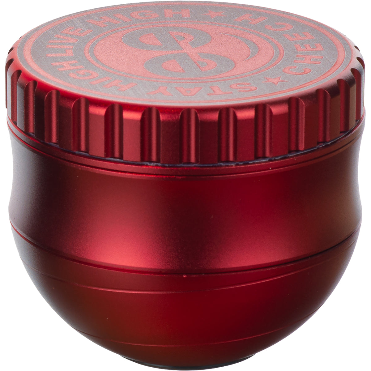 Grinder by Cheech Glass in red, egg-shaped design with Stay High Live High logo on lid