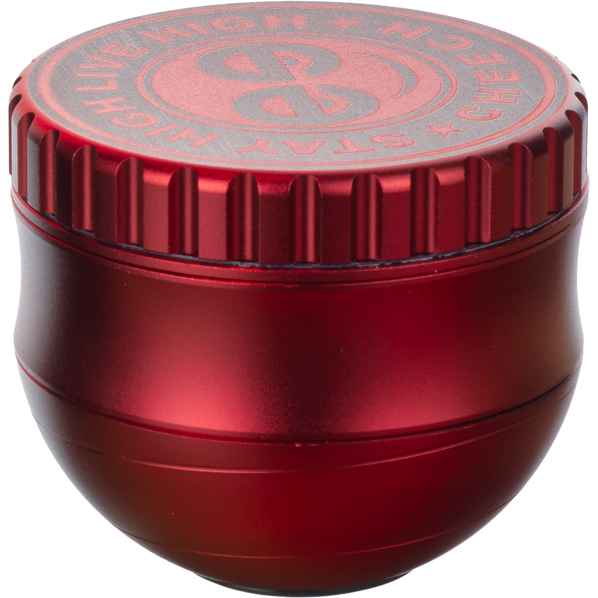 Grinder by Cheech Glass in red, egg-shaped design with Stay High Live High logo on lid