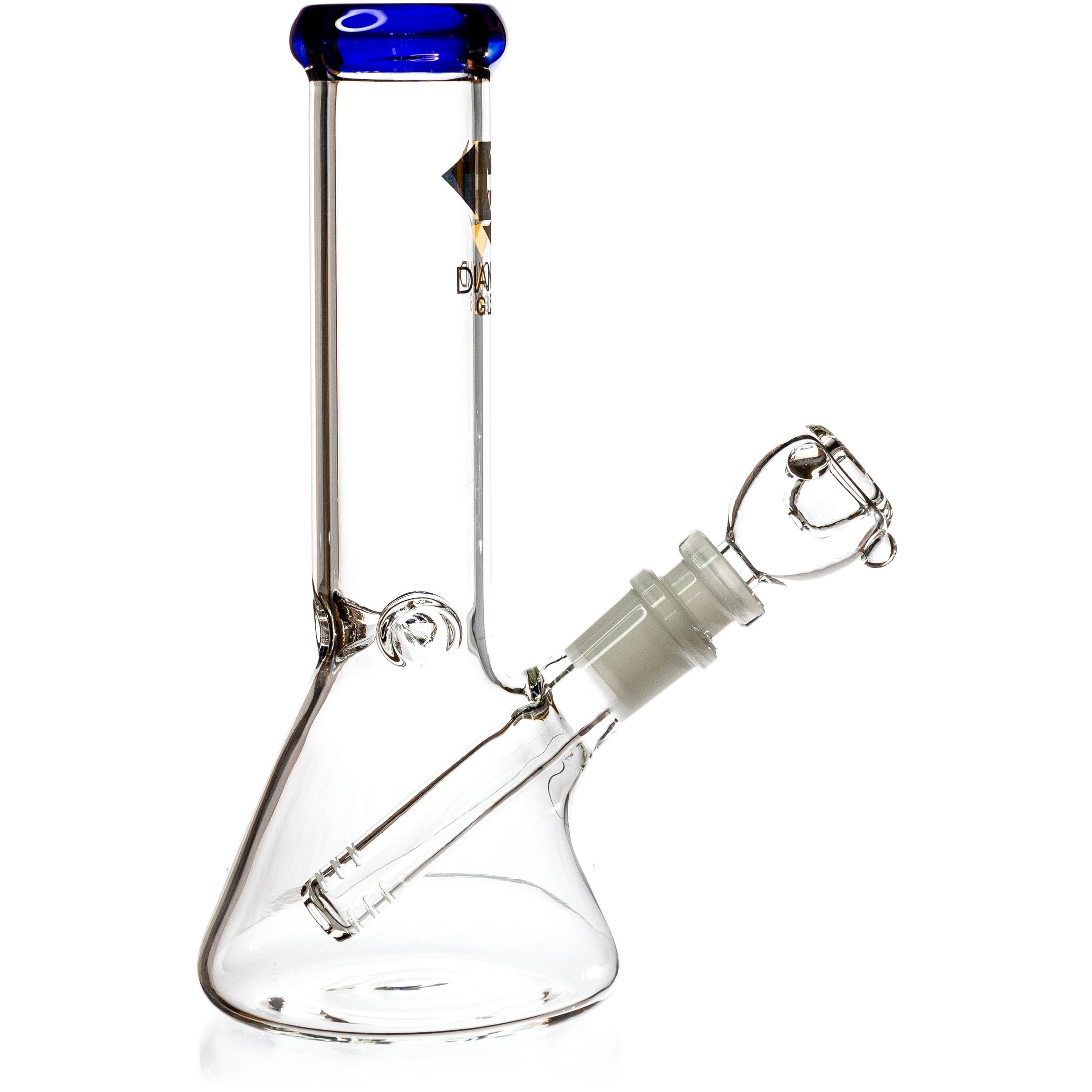Diamond Glass 8 inch mini beaker water pipe with a polished blue glass mouthpiece rim.