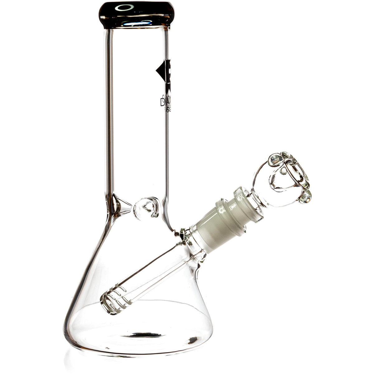 Diamond Glass 8 inch mini beaker water pipe with a polished black glass mouthpiece rim.