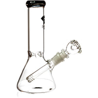 Diamond Glass 8 inch mini beaker water pipe with a polished black glass mouthpiece rim.