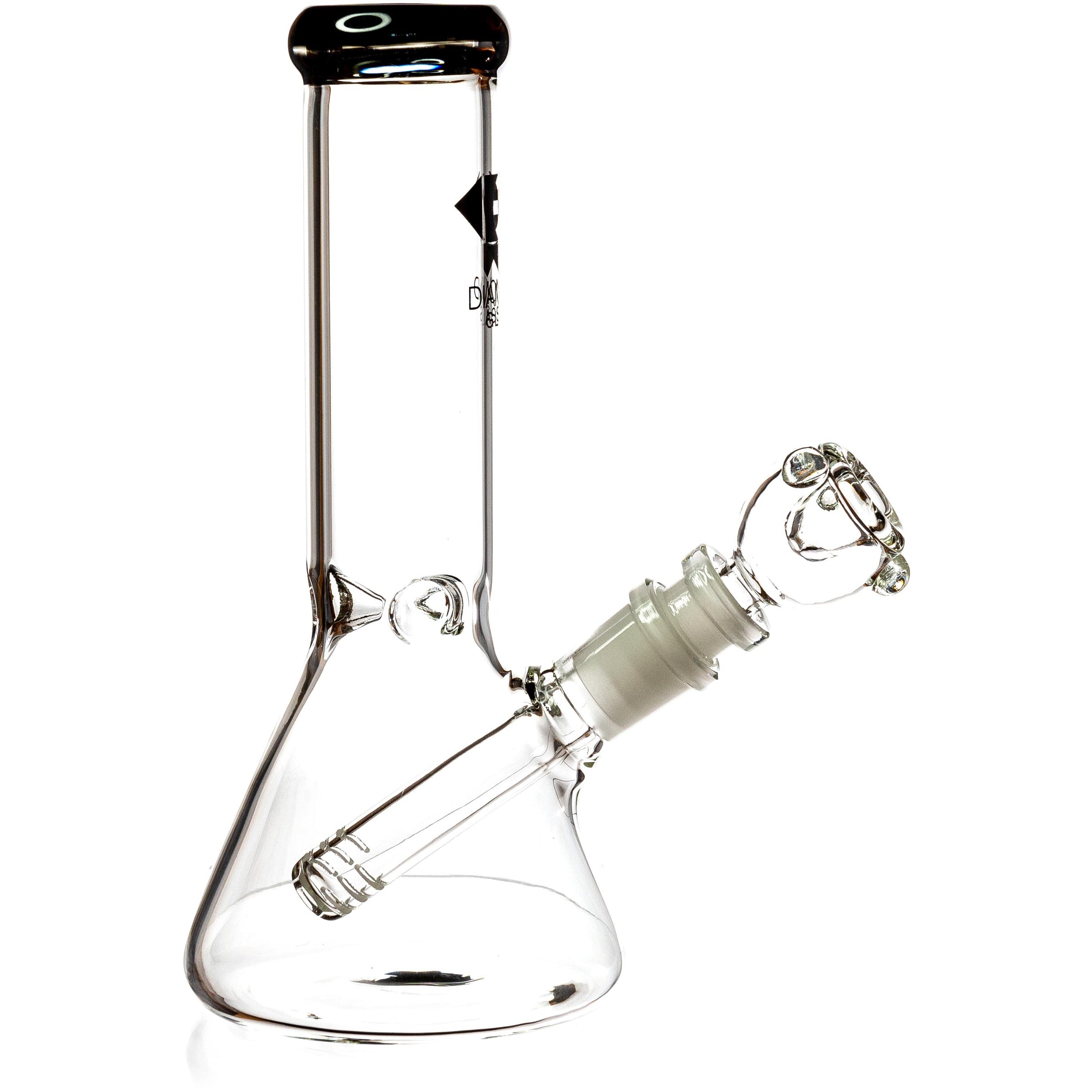 Diamond Glass 8 inch mini beaker water pipe with a polished black glass mouthpiece rim.