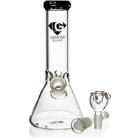 Side angle profile of an 8 inch Diamond Glass mini beaker water pipe highlighting the official black logo stamp.