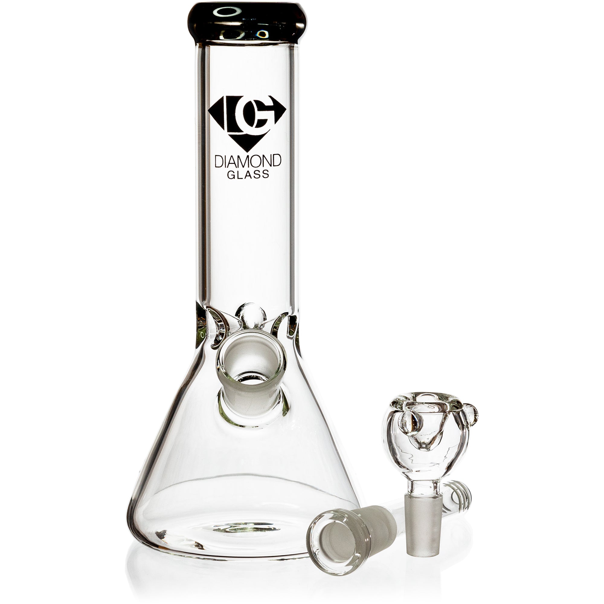 Side angle profile of an 8 inch Diamond Glass mini beaker water pipe highlighting the official black logo stamp.