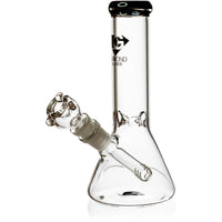 Side angle profile of an 8 inch Diamond Glass mini beaker water pipe highlighting the official black logo stamp.