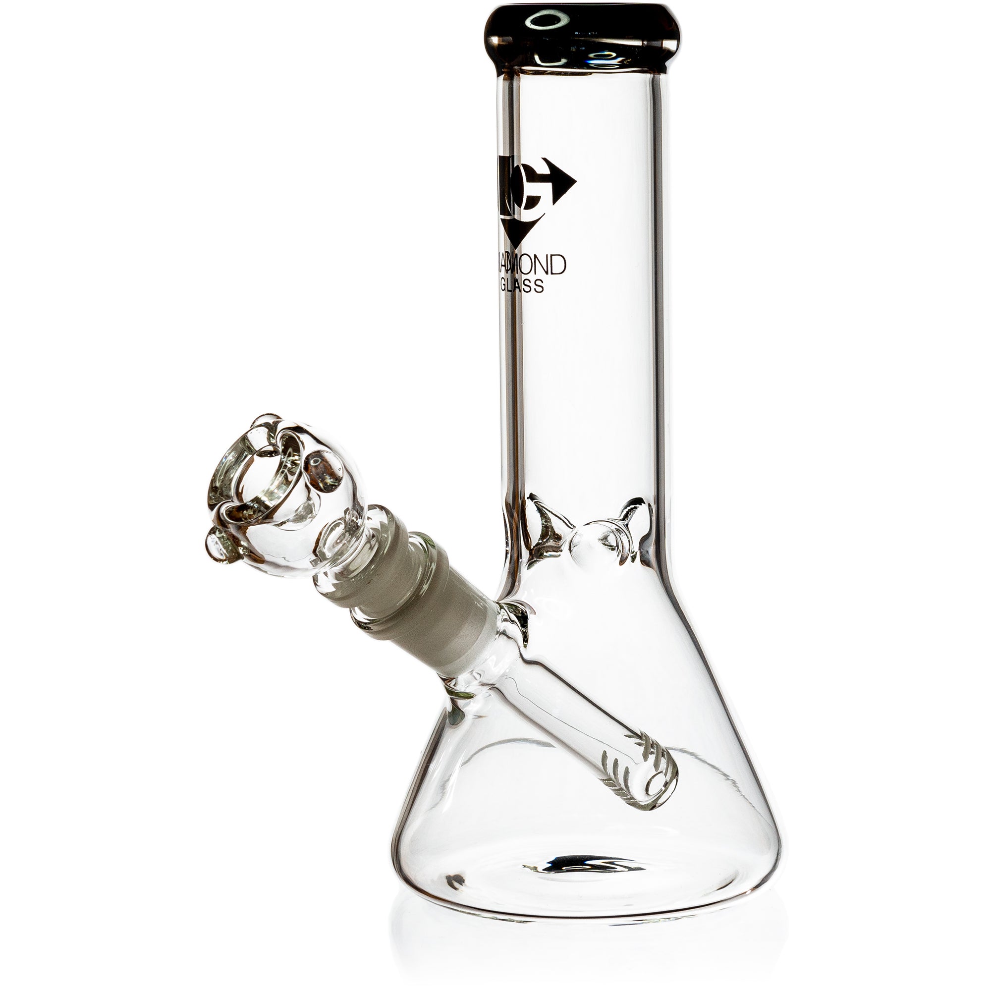 Side angle profile of an 8 inch Diamond Glass mini beaker water pipe highlighting the official black logo stamp.