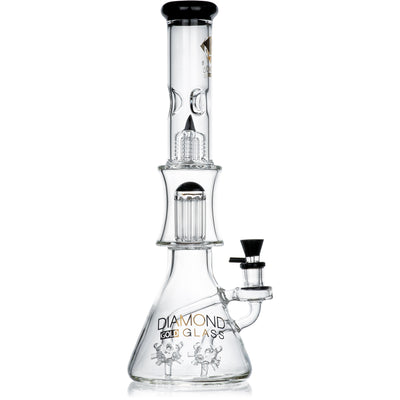 18 inch Diamond Sea Mine beaker bong in black showing double sea mine percs and dual tree percolators.
