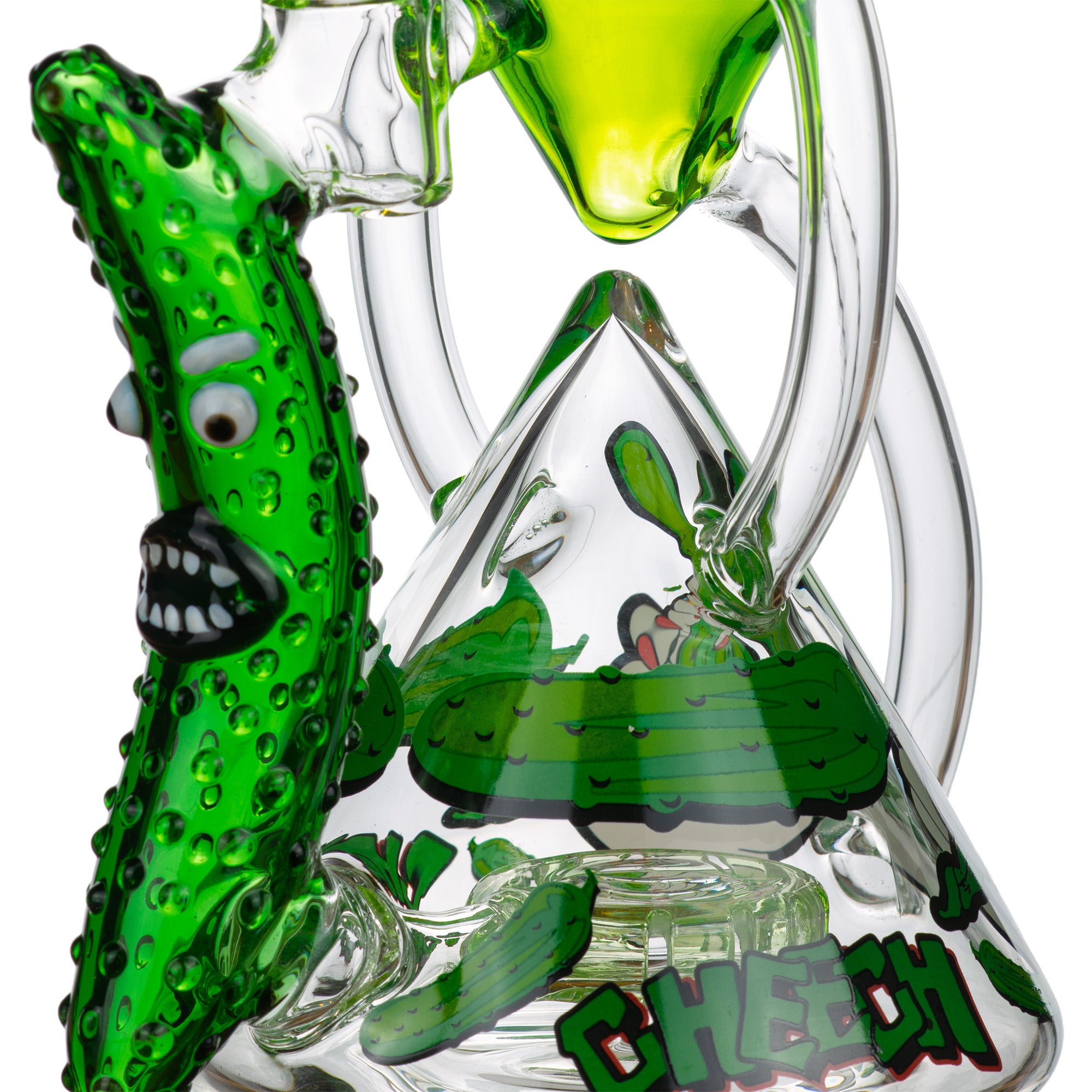 Close-up of recycler loop and diffuser on 11 inch Pickle Bong by Cheech Glass, with sculpted pickle accent piece